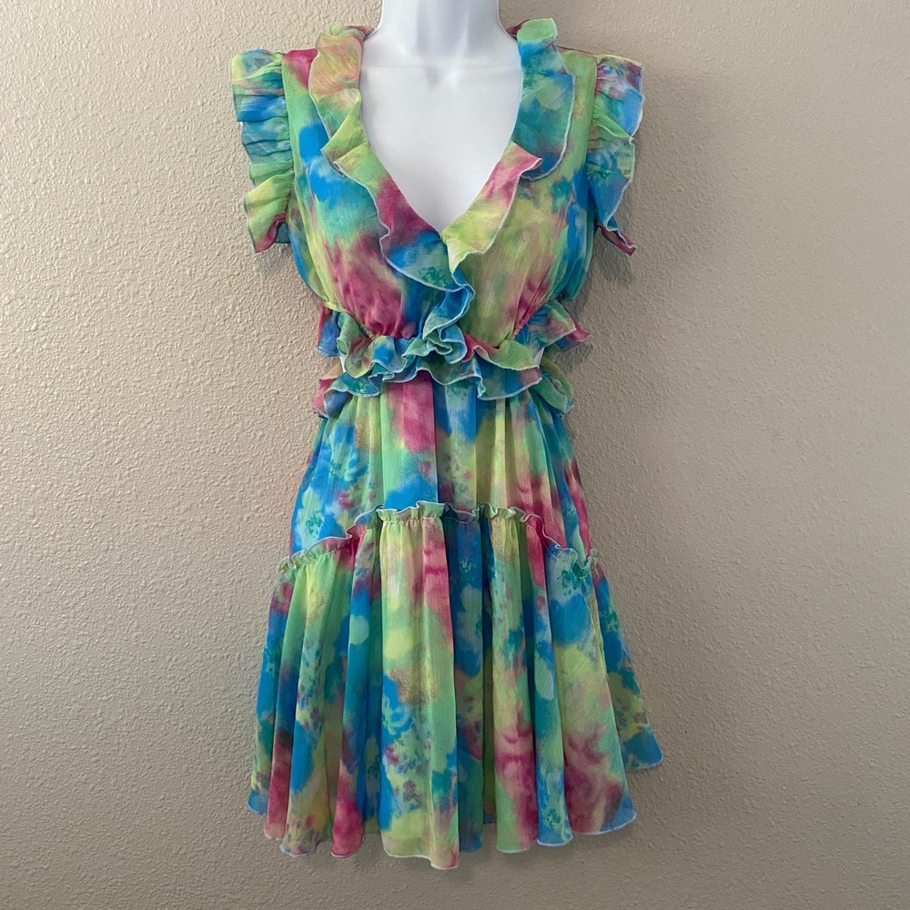 Tie Dye Rainbow Dress XS Feminine Ruffle Colorful Babydoll Colorful Party Fairy